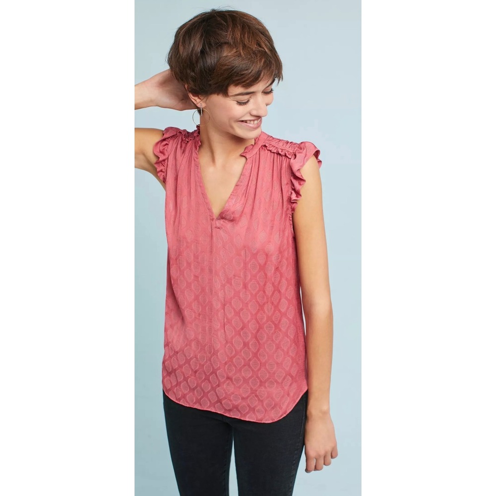 Maeve Anthropologie Red‎ Pink Ruffled V- Neck Tank Top Jacquard Blouse Medium